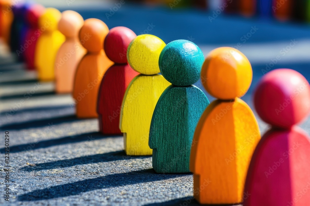 Poster colorful wooden figures in a straight line on a soft surface displaying unity and diversity with vib