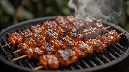 Grilled skewers of marinated meat and vegetables emitting smoke on a charcoal barbecue outdoors