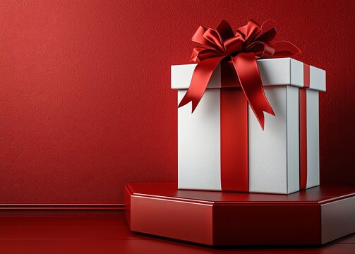 A white podium adorned with a red surprise gift box against a red background, celebrating with congratulations and marking a special occasion