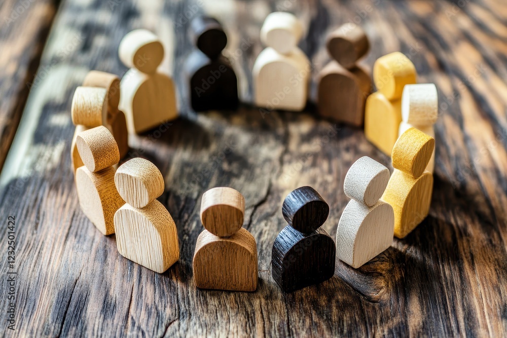 Poster circle of wooden figurines representing diversity and inclusion in a community setting on a rustic w