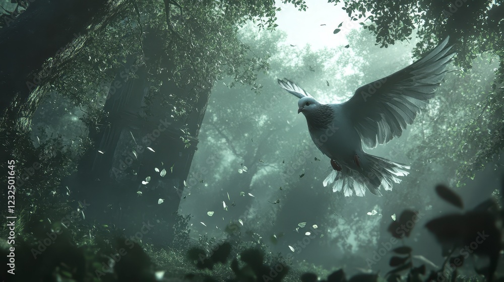 Poster white dove in flight through a misty green forest, sunlight filtering through leaves, creating a ser