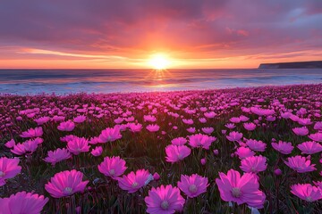Lavender field with wild-groving lavender violet flowers. Large purple meadow in full bloom at sunset, serving as a landscape wallpaper, offering a picturesque country view