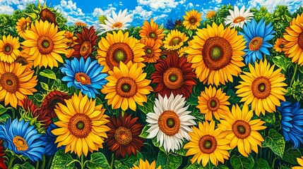 Colorful sunflowers field, summer sky background, nature art print