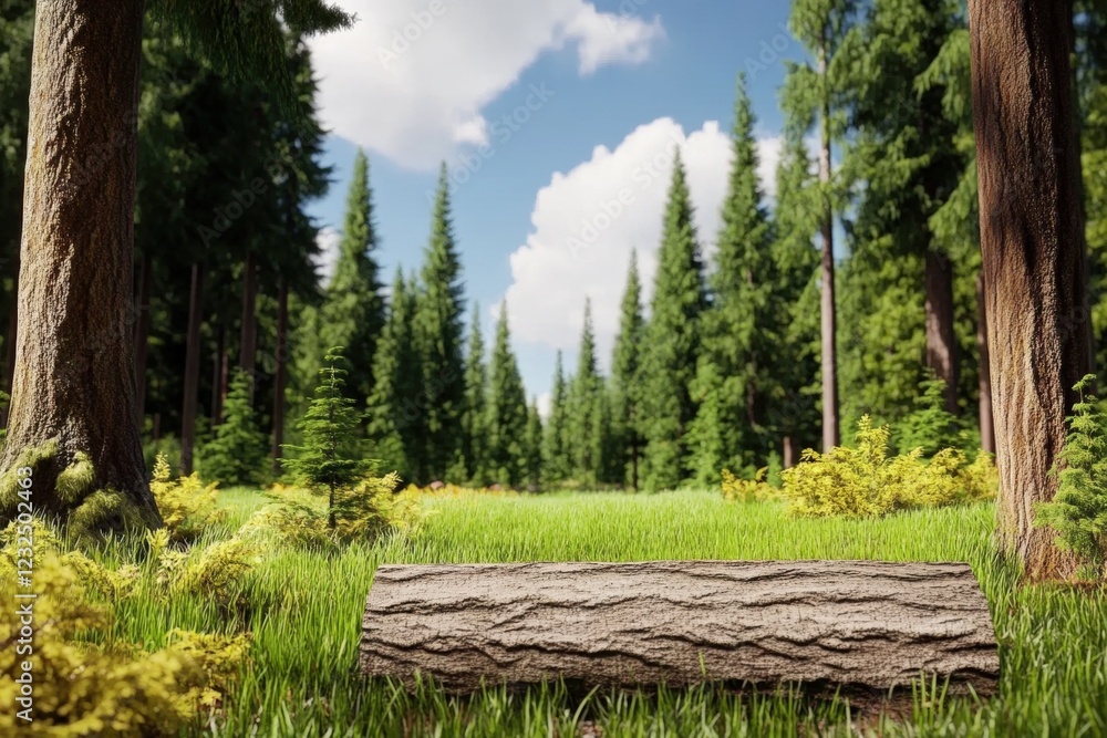 Aufkleber log resting on the ground in a dense green forest surrounded by trees and foliage