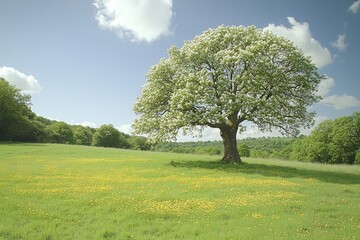 Fototapeta premium Blooming apple tree with white blossoms on a green orchard hillside, vibrant fresh greens and blue sky creating a picturesque spring scene.