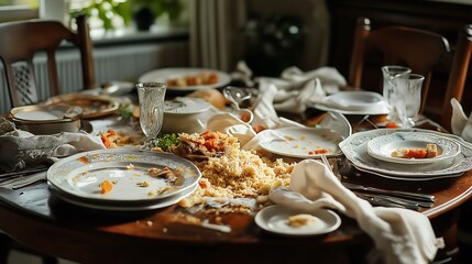 A cluttered dining table with leftover food, used plates, and crumpled napkins that need clearing.