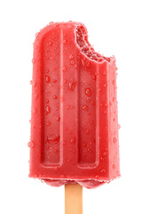 A red fruit-flavored Popsicle ice cream with a fresh bite mark on one side, revealing its slightly softer, frosty interior