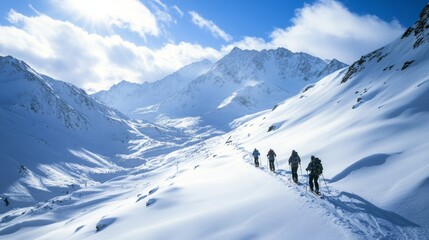 Skiers trek through snowy mountains, carrying their skis and enjoying the alpine beauty.