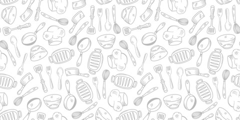 Kitchen utensils seamless pattern background. kitchen set seamless pattern background. hand drawn doodle of kitchen set pattern background. Doodle illustrations of cooking utensils.