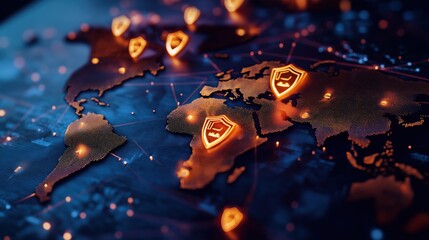 Protecting global data security cyber defense strategies worldwide infographic digital environment aerial view