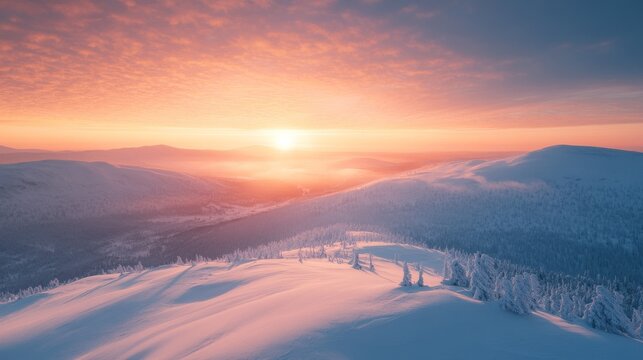Stunning winter scene of Lapland from above, bathed in sunset hues.