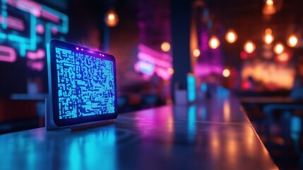 Digital interaction event gaming lounge visual display neon environment close-up view futuristic concept