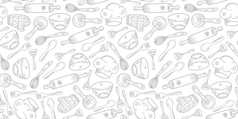Kitchen utensils seamless pattern background. kitchen set seamless pattern background. hand drawn doodle of kitchen set pattern background. Doodle illustrations of cooking utensils.