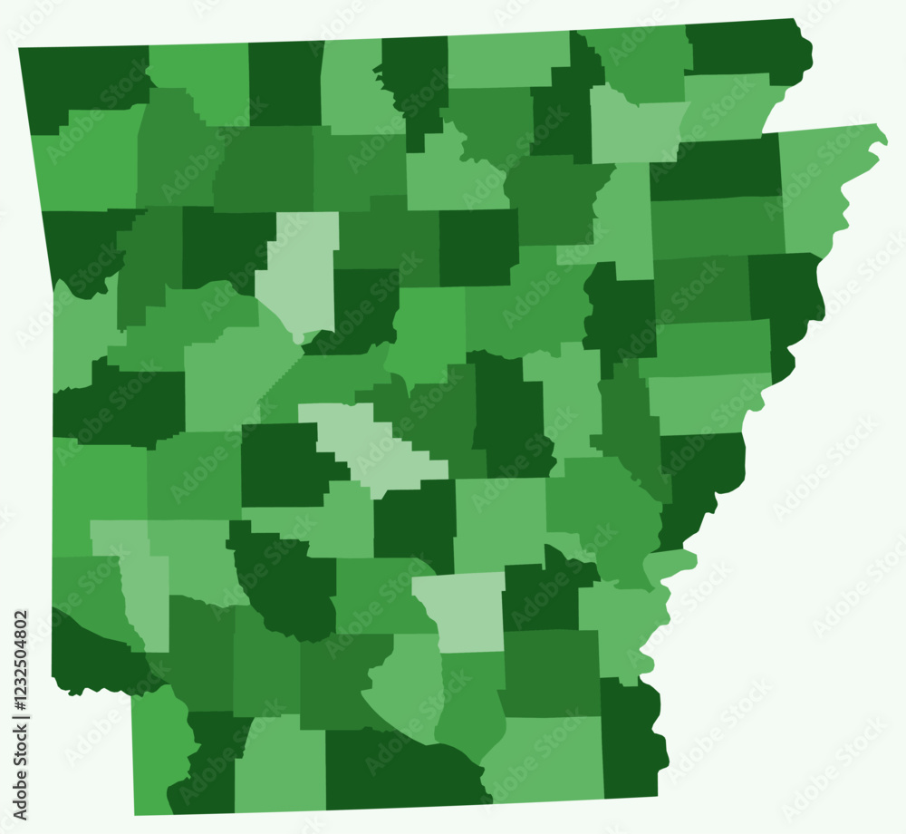 Poster map of arkansas with counties. just a simple state border map with county division. green color pale