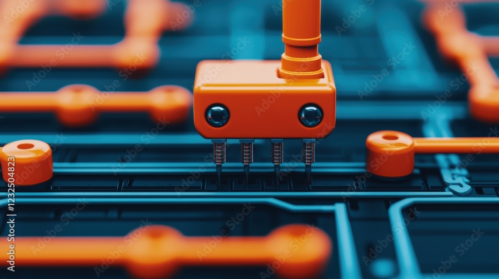 Poster orange robotic arm component on circuit board close-up macro shot