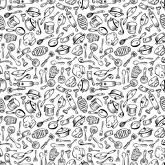 Kitchen utensils seamless pattern background. kitchen set seamless pattern background. hand drawn doodle of kitchen set pattern background. Doodle illustrations of cooking utensils.