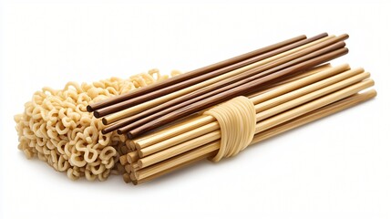 Dried Noodles with Stacked Chopsticks on a Solid White Background Food Product Still Life.