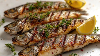 Grilled fish garnished with herbs and lemon slices on a white plate, ready to serve