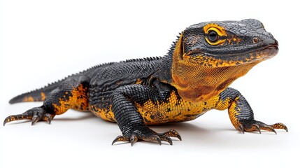 Obraz premium Magnified photograph of a magnificent scaly lizard with complex skin textures set against a glaring white background, perfect for nature and wildlife aficionados