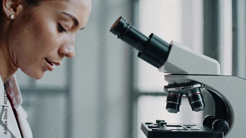 Poster Laboratory research montage showcasing a scientist meticulously examining samples through a high powered microscope, demonstrating a commitment to scientific investigation and discovery