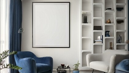 Mockup poster frame on the wall of living room. Luxurious apartment background with contemporary design. Modern interior design. 3D render, 3D illustration. See Less
