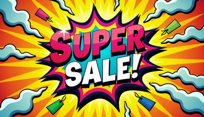 Playful Comic Book-Style Advertisement with Super Sale and Colorful Excitement