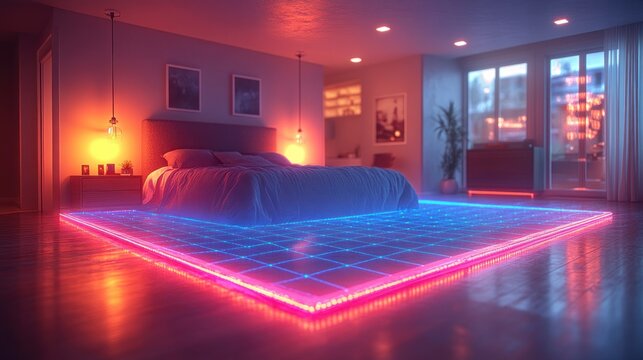 Neon-lit bedroom floor, city view, futuristic design, game background - Powered by Adobe