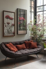 luxurious velvet interior in dark colors with a leather sofa and a painting on the wall