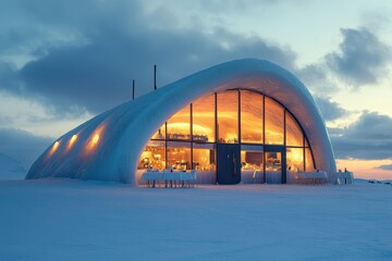 Obraz premium lluminated glass igloo restaurant glowing in a snowy landscape under a dramatic evening sky