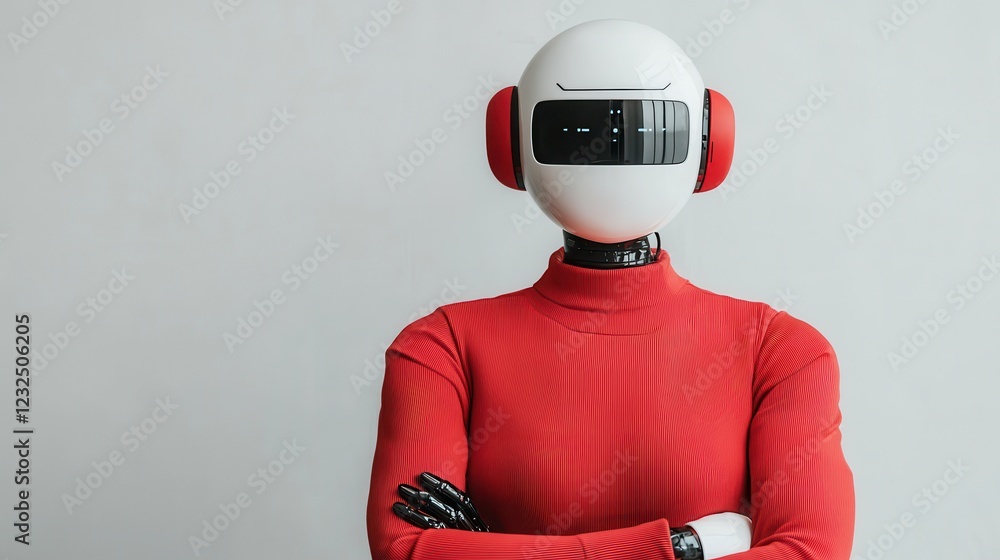 Poster friendly robot figure in red sweater with modern headset display