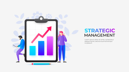 Modern illustration with man and a woman next to a tablet displaying a rising bar graph. Business growth and strategic management