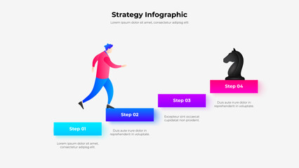 Business Strategy Steps Infographic with Man Climbing Stairs Towards Success