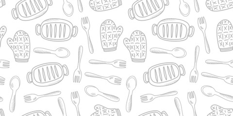 Kitchen utensils seamless pattern background. kitchen set seamless pattern background. hand drawn doodle of kitchen set pattern background. Doodle illustrations of cooking utensils.