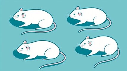 Four white mice, different poses, teal background, science illustration