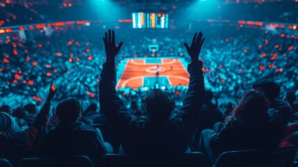 Excited fans cheering at a basketball game in a packed arena. Use Sports event promotion
