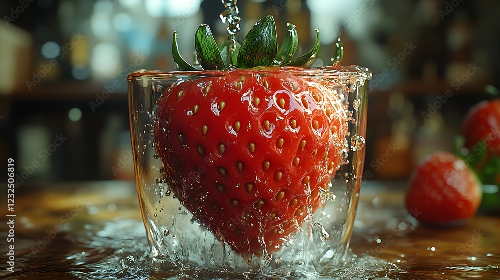 Poster hyperrealistic strawberry with an agonized face trapped in a vise juice squeezed out in all directio