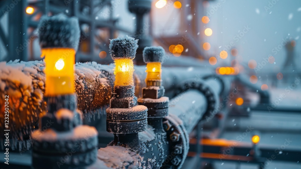 Poster bright lights shine on frost covered pipelines in an industrial area during winter, creating a vivid