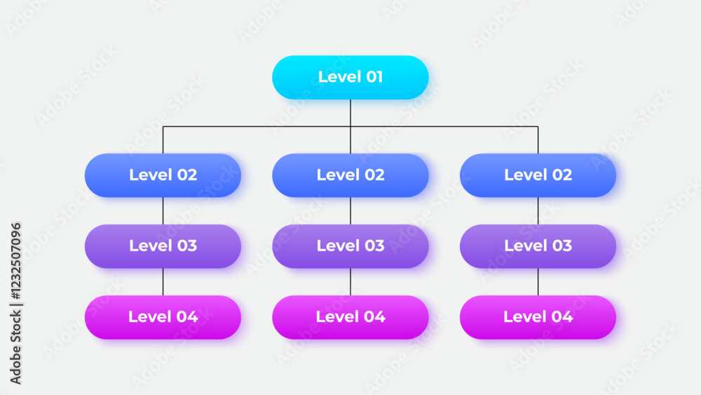 Poster Vertical business organizational chart infographic with 4 hierarchical levels. The top-level connects to 9 subordinate nodes