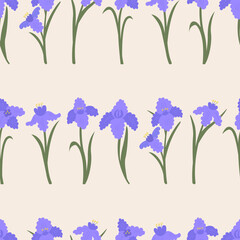 Seamless pattern with elegant purple iris flowers. Floral vector flat hand drawn background for textile design, scrapbooking, wrapping paper, etc.