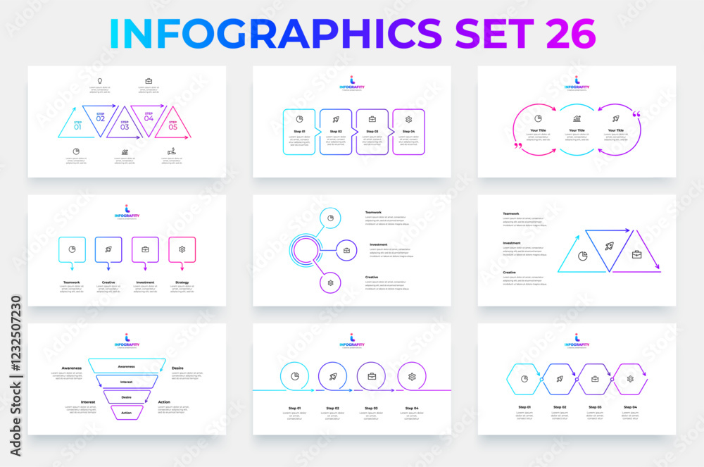 Poster Set of outline infographic elements. Vector process diagrams, flowcharts, timelines and funnel with 3, 4 and 5 options, steps or processes. Minimal business presentation
