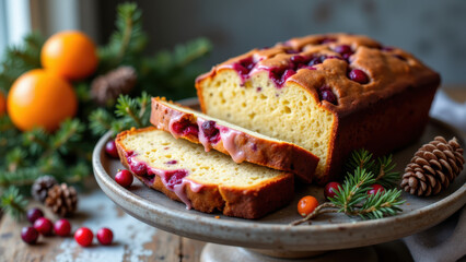 Delicious-looking cranberry cake on a rustic wooden table.