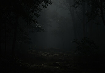 Fototapeta premium Mysterious Dark Forest Path Enveloped in Fog