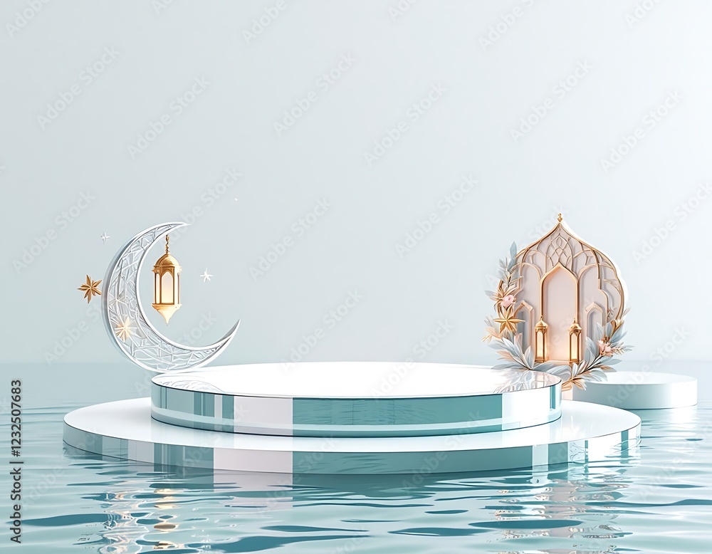 Poster elegant ramadan display platform with crescent moon and lanterns