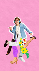 Surreal artwork. Man in denim jacket wearing blue headphones, with colorful, energetic legs, symbolizing creative leadership, flexibility. Concept of teamwork, multitasking and creativity.