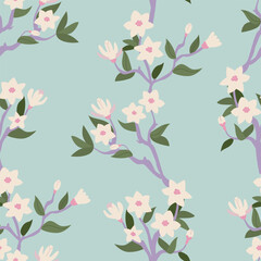 Seamless pattern with magnolia flower branches. Floral vector flat background. Elegant botanical backdrop for textile design, scrapbooking, wrapping paper, etc.