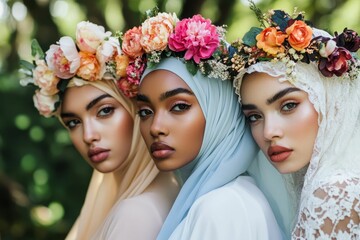 Obraz premium Three women wear flower crowns and headscarves.