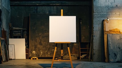 Blank Canvas on Easel in Art Studio with Dim Lighting Background
