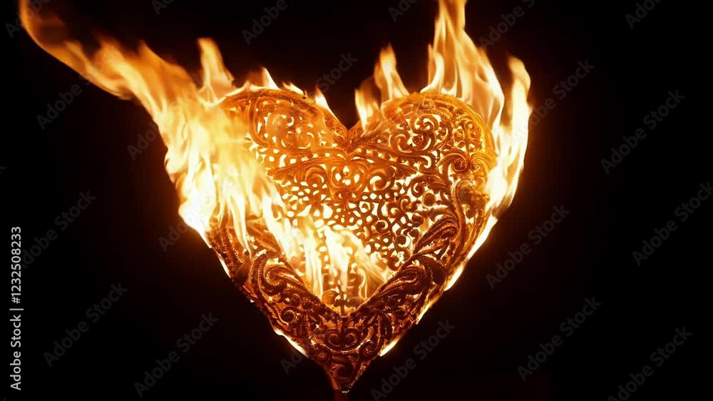 Poster flames engulf a golden heart with intricate filigree patterns, creating a captivating display of lov