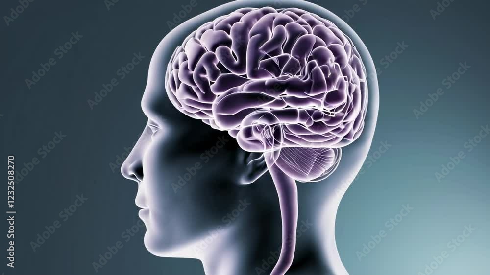 Poster Medical visualization rotating human brain, revealing intricate neurological structures and neural connectivity, highlighting complexity of cognitive processes and brain function