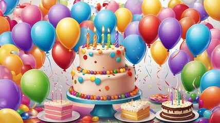 Festive and Vibrant Birthday Party Balloons, Colorful Cake with Candles, and Cheerful Celebration Backgrounds